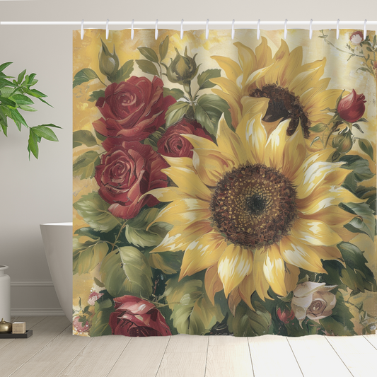 The Romantic Colorful Painting Sunflower Red Roses Shower Curtain by Cotton Cat showcases a vibrant floral design with large sunflowers and red roses. Complementing the colorful display is a pristine white bathtub and a lush green plant, creating a charming and inviting bathroom space.