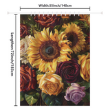 The Cotton Cat Colorful Painting Sunflower Roses Shower Curtain-Cottoncat is a vibrant tapestry measuring 55 inches by 72 inches, featuring a stunning floral arrangement of sunflowers and various colored roses, resembling a colorful painting.