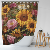 **Colorful Painting Sunflower Pink Roses Shower Curtain-Cottoncat by Cotton Cat, adorned with a floral design featuring sunflowers, pink roses, and other flowers, hanging gracefully behind a white bathtub in a bathroom. Paired with a wooden stool and assorted toiletries, this vibrant piece of bathroom decor adds charm and elegance, transforming the space into what feels like a colorful painting come to life.**