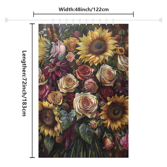 The Cotton Cat Whimsical Sunflower Red Roses Shower Curtain-Cottoncat, adorned with playful designs of sunflowers and roses, measures 72 inches in length and 48 inches in width, making it a charming addition to your bathroom decor.