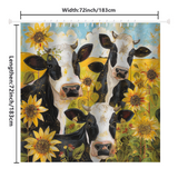 Rustic Cheerful Painting Cow Sunflower Shower Curtain-Cottoncat by Cotton Cat: This polyester shower curtain showcases cheerful cow designs with sunflowers set against a blue sky and yellow fields background. Dimensions: 72 inches in width and length.