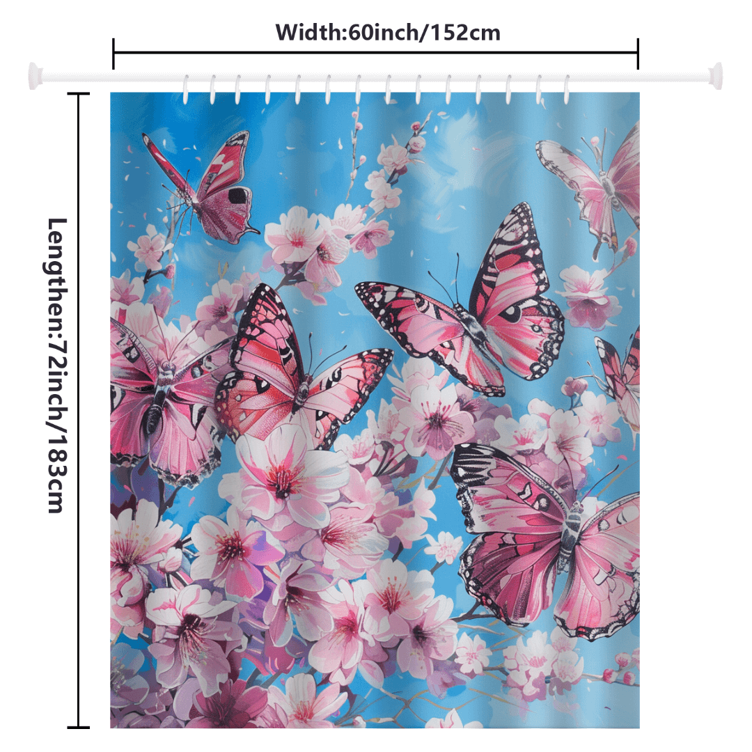 Introducing the Vintage Pink Butterfly Flying over Water Shower Curtain by Cotton Cat. This stunning shower curtain features pink and black butterflies amidst cherry blossoms on a serene blue background. Made from water-resistant fabric, it measures 60 inches in width and 72 inches in length, making it the perfect addition to your vintage bathroom decor.