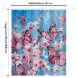 Introducing the Vintage Pink Butterfly Flying over Water Shower Curtain by Cotton Cat. This stunning shower curtain features pink and black butterflies amidst cherry blossoms on a serene blue background. Made from water-resistant fabric, it measures 60 inches in width and 72 inches in length, making it the perfect addition to your vintage bathroom decor.