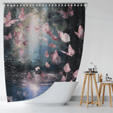 A Pink Butterfly Flying over Purple Water Shower Curtain by Cotton Cat, made of water-resistant fabric, decorates a white bathtub with its beautiful design of pink butterflies and water ripples. In the bathroom, a small wooden table holds various toiletries, enhancing the overall decor.