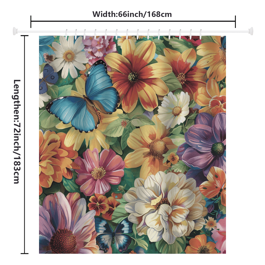 The Artistic Painting Colorful Butterfly Garden Shower Curtain by Cotton Cat features a vibrant tapestry with a floral and butterfly design, measuring 66 inches wide by 72 inches long (168cm by 183cm), crafted from water-resistant fabric.