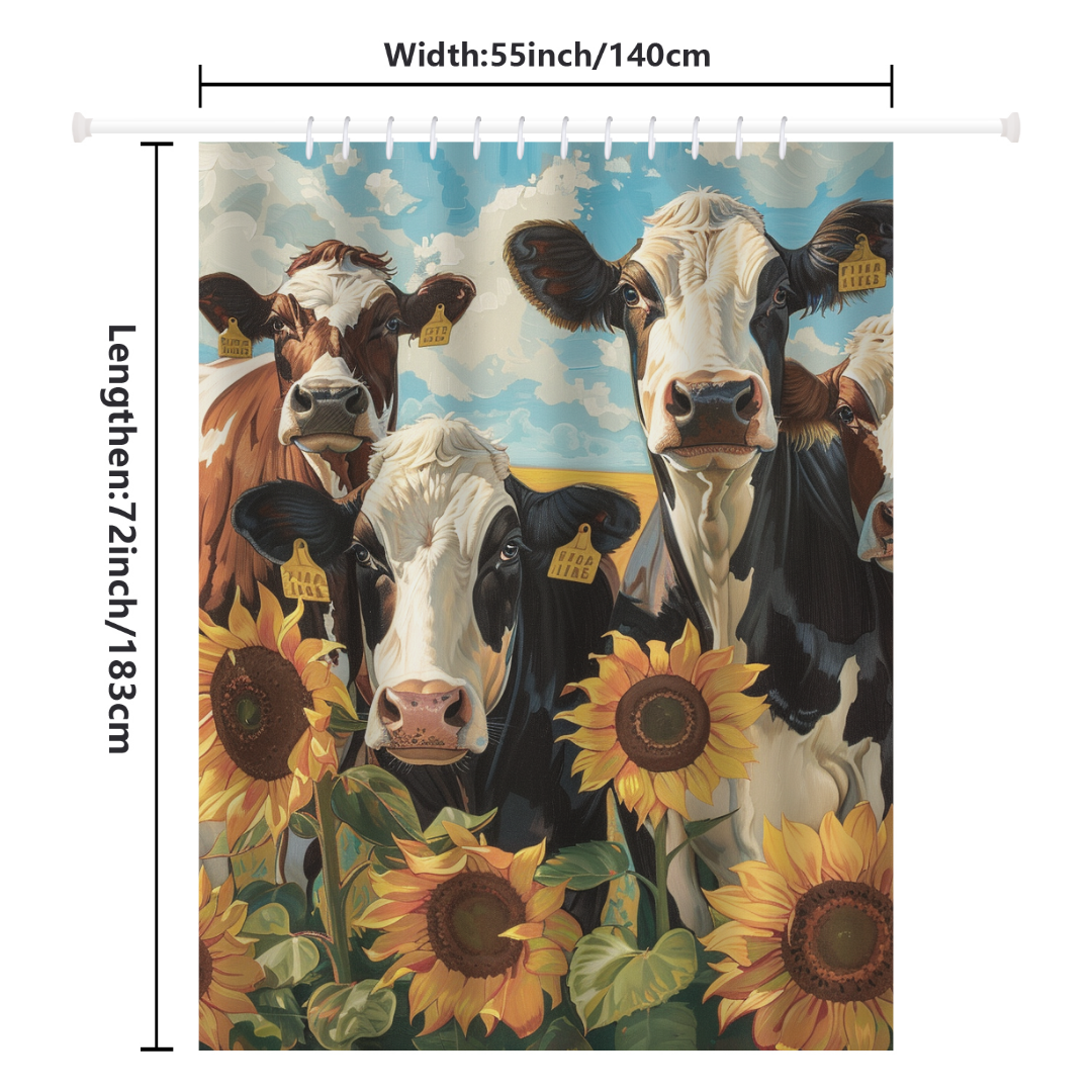 Introducing the Farmhouse Chic Cow Sunflower Shower Curtain by Cotton Cat—a charming addition to your bathroom decor. This shower curtain showcases several cows adorned with ear tags, surrounded by vibrant sunflowers under a clear blue sky with fluffy clouds, adding a rustic design aesthetic to your space. Measuring 55 inches wide by 72 inches long, it is perfect for achieving that country farmhouse look.