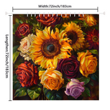 Image of a vibrant artwork in the form of the Colorful Painting Sunflower Roses Shower Curtain by Cotton Cat, measuring 72 inches by 72 inches, featuring sunflowers, roses, and various other flowers.