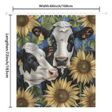 This illustration features two cows with black and white markings among large sunflowers on the Rustic Cow Sunflower with Green Leaf Shower Curtain by Cotton Cat. Perfect for farmhouse-themed decor, this polyester curtain measures 66 inches (168 cm) in width and 72 inches (183 cm) in length.