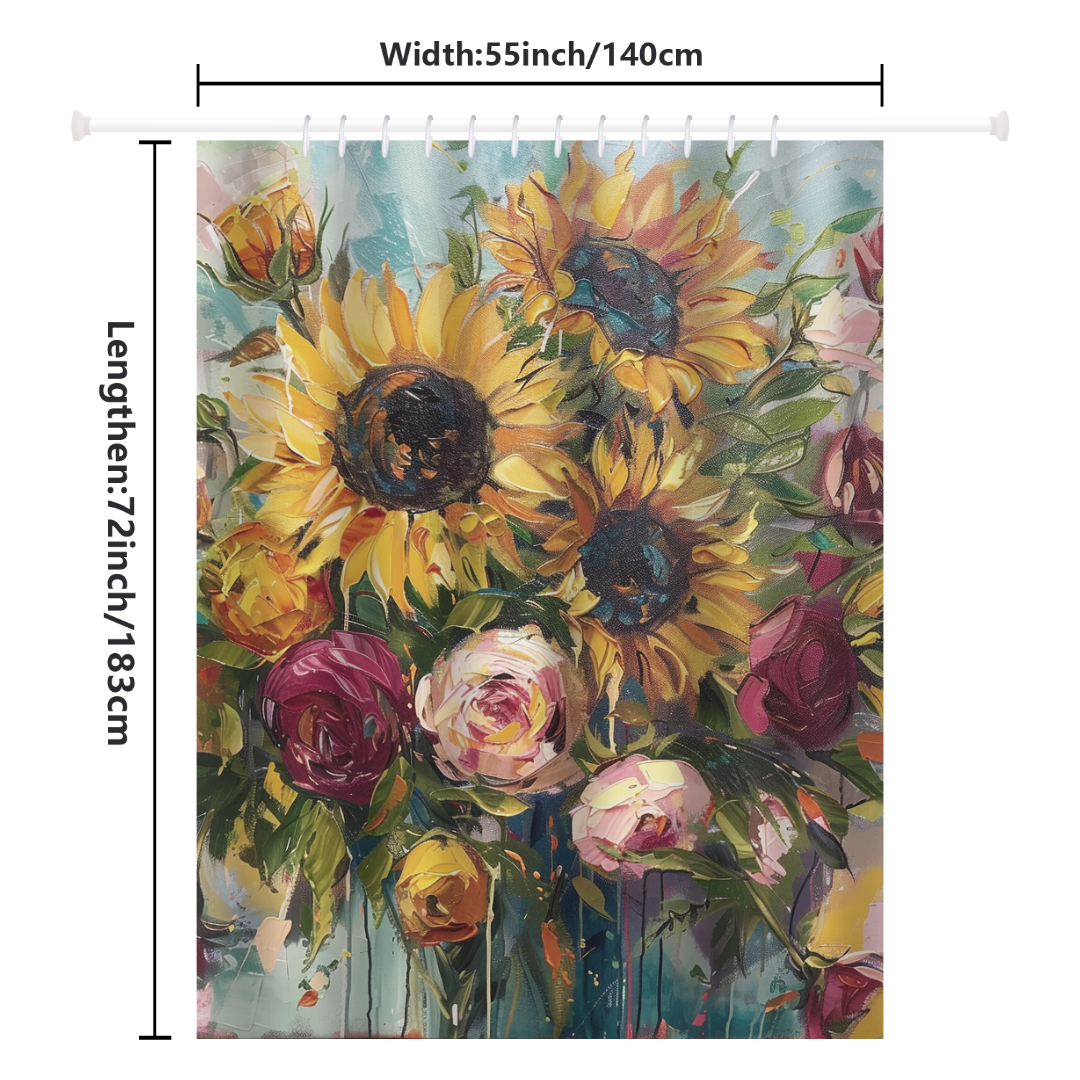 The Watercolor Painting Sunflower and Roses Shower Curtain by Cotton Cat features vibrant, colorful blooms styled like a watercolor painting. Measuring 55 inches wide by 72 inches long, this beautiful shower curtain is perfect for adding a touch of floral bathroom decor to your space.