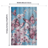 The Vintage Pink Butterfly Flying over Water Shower Curtain by Cotton Cat features a charming design of cherry blossoms and butterflies set against a serene blue background. Made from water-resistant fabric, this shower curtain measures 48 inches (122 cm) wide and 72 inches (183 cm) long.