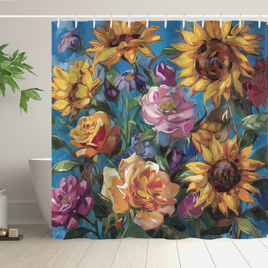 A vibrant Cotton Cat shower curtain, named the Colorful Purple Floral Sunflower Shower Curtain Blue Sky-Cottoncat, adorned with a colorful print of various flowers including sunflowers, roses, and tulips, hangs in a bathroom with a white tub and potted plant nearby, creating a refreshing atmosphere.