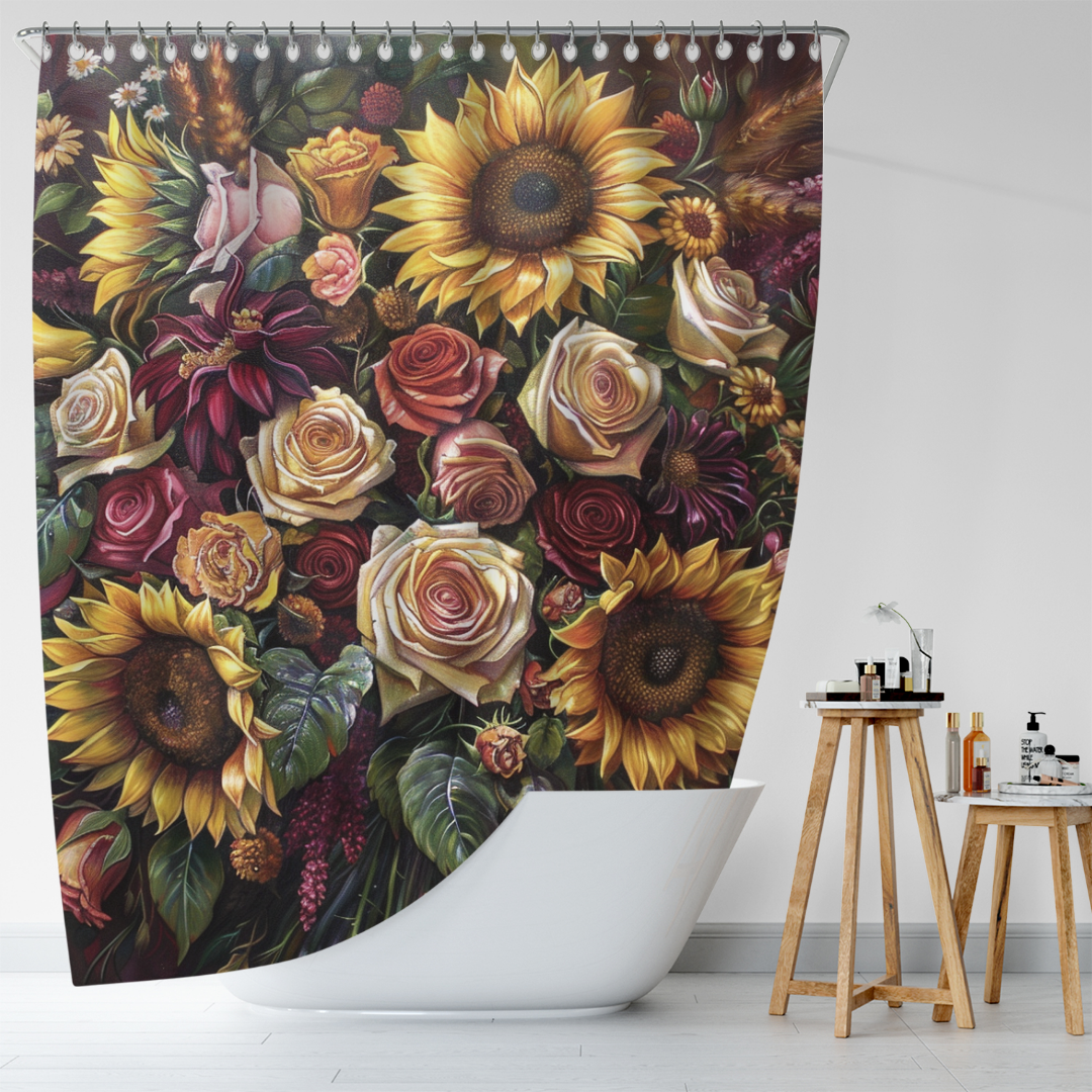 A white bathtub with a Cotton Cat's Whimsical Sunflower Red Roses Shower Curtain, showcasing vibrant floral designs, is the centerpiece of this inviting space. Nearby, a wooden stool holds toiletries, adding to the playful bathroom decor.