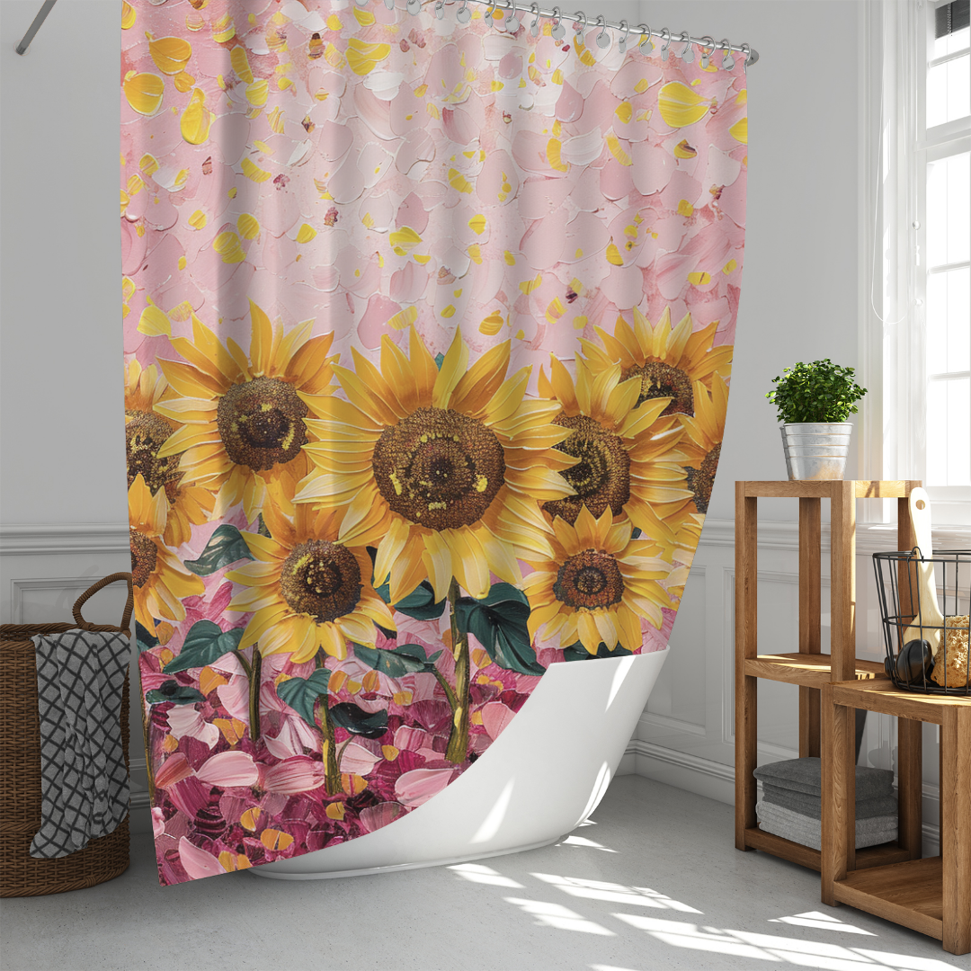 A Vintage Pink Watercolor Sunflower Shower Curtain with Artistic Paint from Cotton Cat hangs in a bright bathroom with white walls. The artistic paint of the sunflower enhances the vintage aesthetic. A wooden shelving unit and a laundry basket are visible in the background.