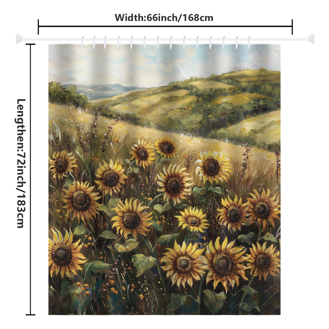 Introducing the Cotton Cat Whimsical Rustic Charm Sunflowers Shower Curtain, a perfect addition to your bathroom decor. It showcases a whimsical rustic charm with a field of vibrant sunflowers under a blue sky with hills in the background. Measuring 66 inches wide by 72 inches long, it's an enchanting touch for any bathroom.