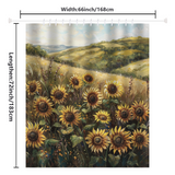 Introducing the Cotton Cat Whimsical Rustic Charm Sunflowers Shower Curtain, a perfect addition to your bathroom decor. It showcases a whimsical rustic charm with a field of vibrant sunflowers under a blue sky with hills in the background. Measuring 66 inches wide by 72 inches long, it's an enchanting touch for any bathroom.