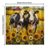 Two black and white cows stand in a field of sunflowers with a red barn and hills in the background on this Cotton Cat Farmhouse Black White Cow Sunflower Shower Curtain. Measuring 72 inches wide by 72 inches long, it adds charming sunflower decor to your home.