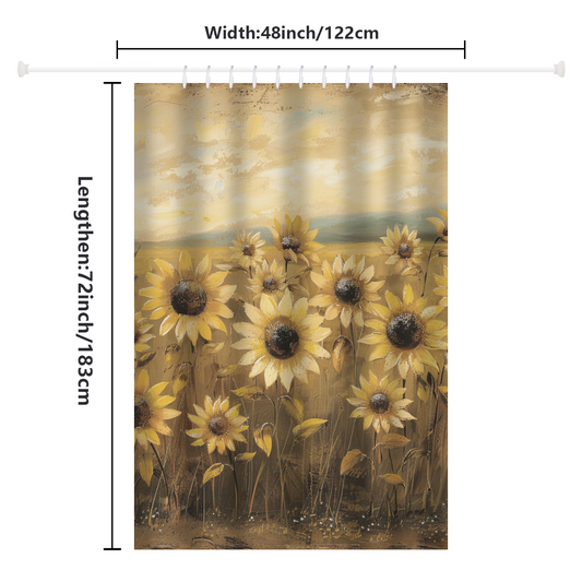 Introducing the Rustic Retro Sunflowers Shower Curtain-Cottoncat by Cotton Cat. This charming farmhouse decor piece, measuring 48 inches (122 cm) wide and 72 inches (183 cm) long, showcases a field of sunflowers under a cloudy sky. Perfect for adding vintage flair to your bathroom!