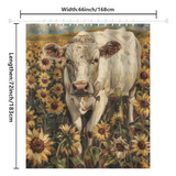 The Farmhouse Cow in a Field of Sunflowers Shower Curtain by Cotton Cat, measuring 66 inches wide by 72 inches long, is perfect for adding a touch of farmhouse bathroom decor.