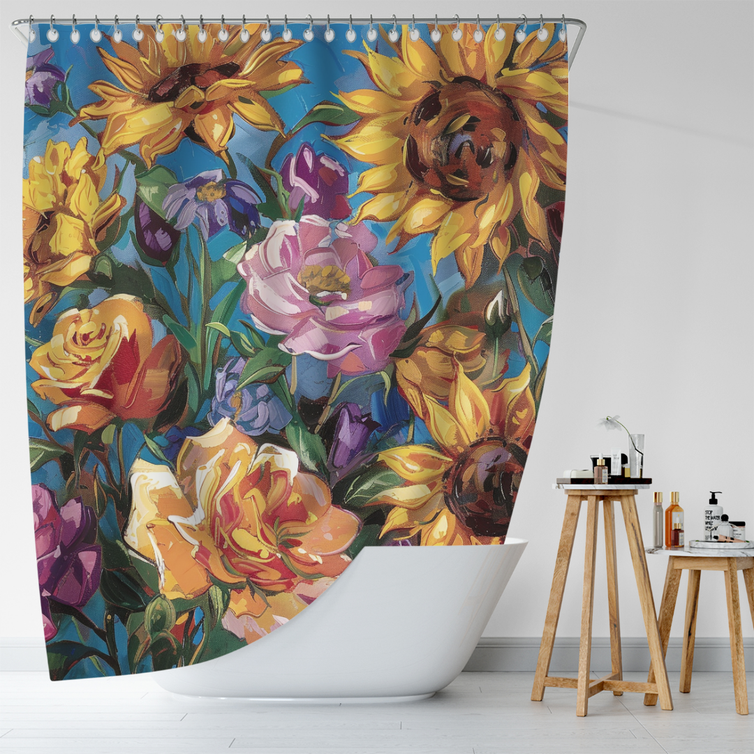 A white bathtub sits near a stool with toiletries. Behind it, the Colorful Purple Floral Sunflower Shower Curtain by Cotton Cat, adorned with colorful flowers including sunflowers, roses, and irises against a blue sky backdrop, creates a refreshing atmosphere.