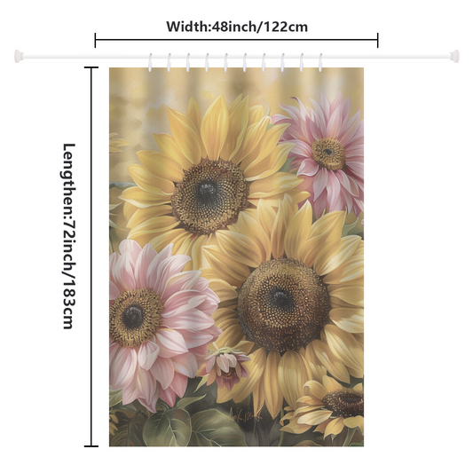 Introducing the Artistic Painting Pink & Yellow Sunflower Shower Curtain-Cottoncat by Cotton Cat, adorned with large illustrations of yellow and pink sunflowers. This durable polyester shower curtain measures 48 inches in width and 72 inches in length, showcasing vibrant shades of pink and yellow.