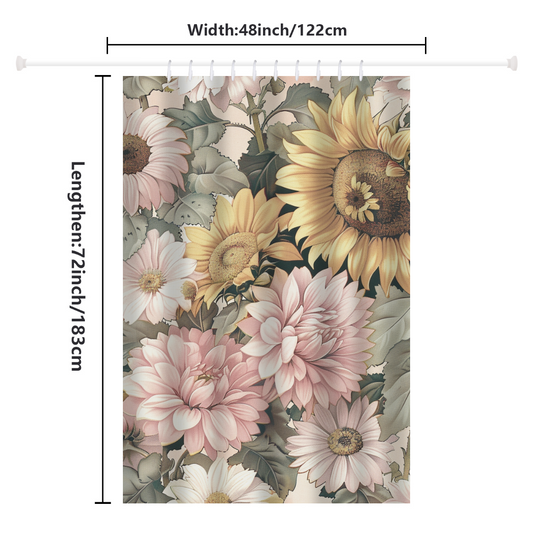 The Retro Aesthetic Pink Sunflower Shower Curtain by Cotton Cat features a charming pink sunflower design, complemented by daisies and other flowers. Perfect for adding a touch of farmhouse decor to any room, this curtain measures 48 inches (122 cm) in width and 72 inches (183 cm) in length.