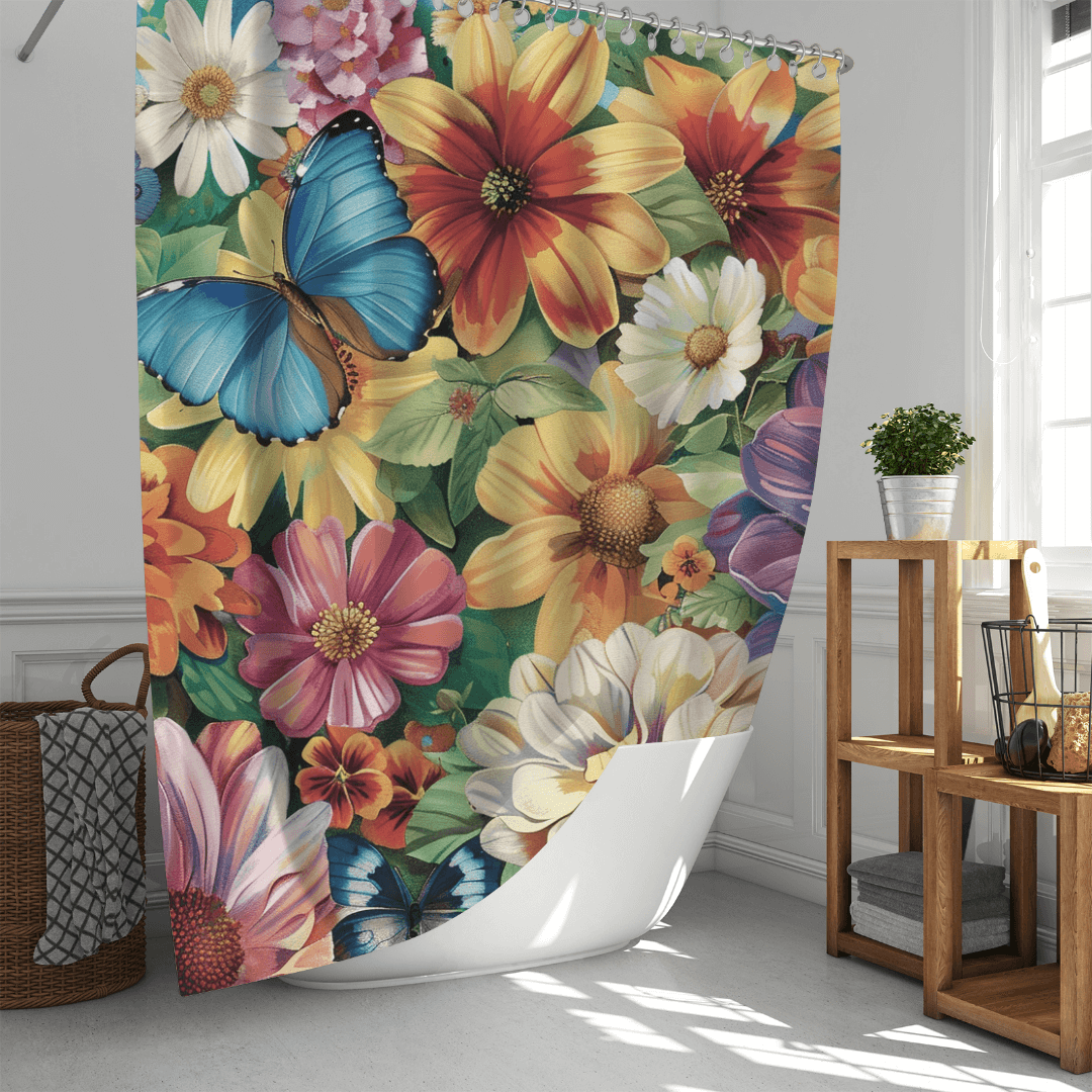 The Artistic Painting Colorful Butterfly Garden Shower Curtain from Cotton Cat, with its vibrant floral and butterfly designs, hangs beautifully in a bright bathroom next to a wooden shelf and a woven basket. Made from high-quality water-resistant fabric, it adds both beauty and functionality to the space.