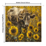 The Rustic Cow Yellow Sunflower Shower Curtain by Cotton Cat features a brown and white cow standing among yellow sunflowers in a field, perfectly complementing your farmhouse bathroom decor. The image measures 72 inches by 72 inches (183 cm by 183 cm), as indicated on the sides.