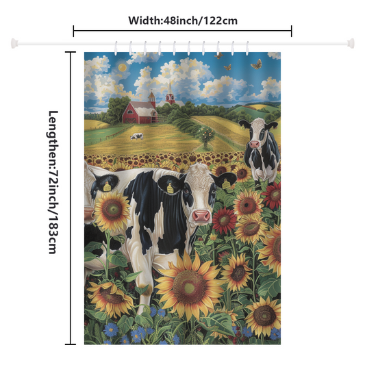 The Rustic Farmhouse Cow Sunflower Shower Curtain Blue Sky-Cottoncat by Cotton Cat showcases a rural landscape adorned with cows, sunflowers, and a farmhouse in the background. It measures 48 inches (122cm) wide and 72 inches (183cm) long.