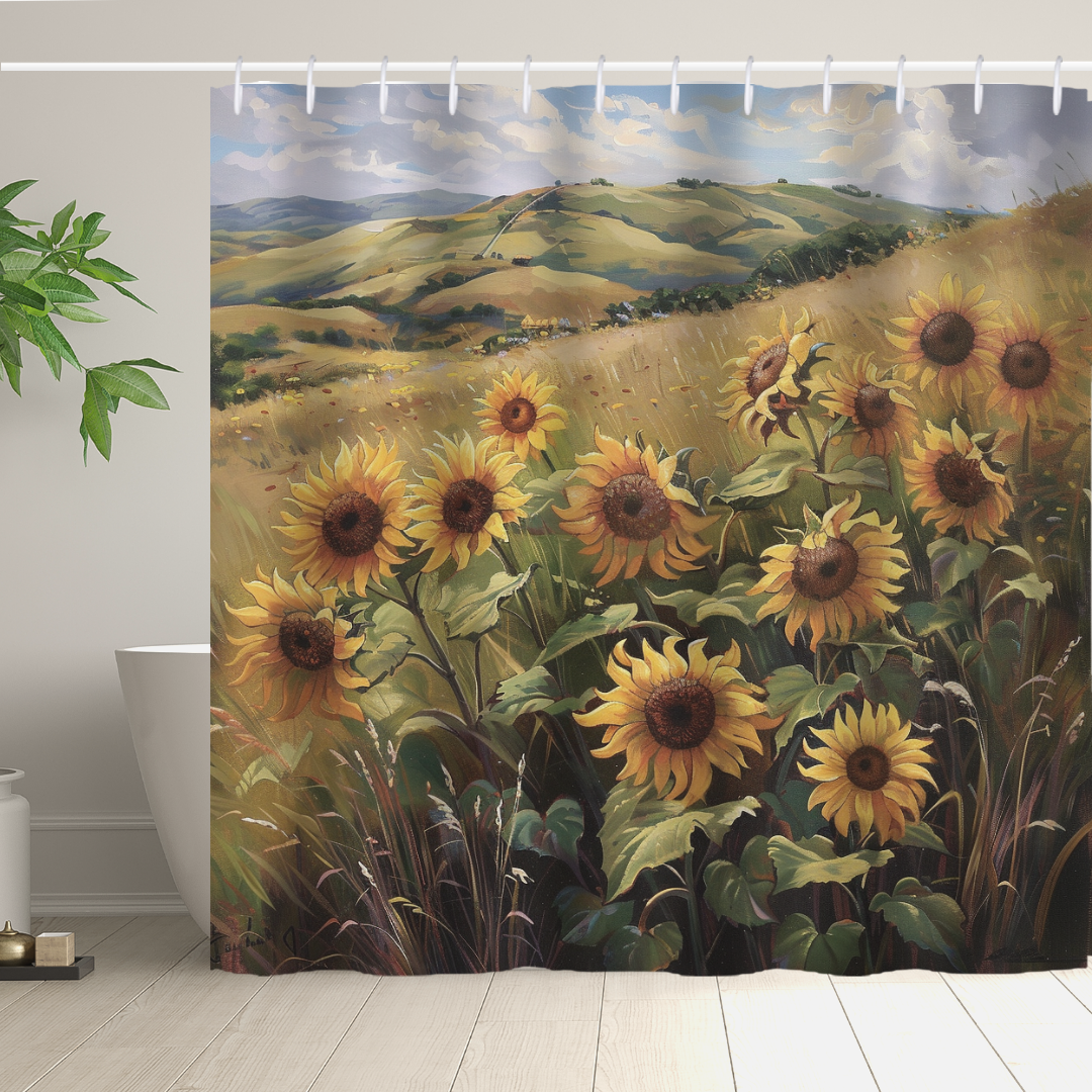 The Cotton Cat Rustic Sunflowers Grasses Gentle Hills Shower Curtain showcases a charming bathroom decor statement with its scenic landscape design, featuring sunflowers in the foreground and rolling hills under a cloudy sky in the background.