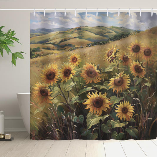 The Cotton Cat Rustic Sunflowers Grasses Gentle Hills Shower Curtain showcases a charming bathroom decor statement with its scenic landscape design, featuring sunflowers in the foreground and rolling hills under a cloudy sky in the background.