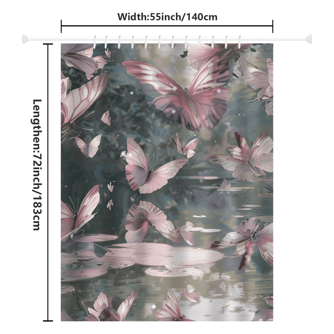 The Watercolor Colorful Monarch Butterfly Flower Garden Shower Curtain by Cotton Cat features delicate pink butterflies fluttering over a reflective water scene. Dimensions: 55 inches (width) by 72 inches (length).