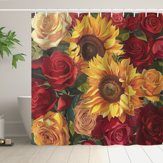 The Cotton Cat Romantic Sunflower Red Roses Shower Curtain, a premium polyester curtain adorned with a vibrant floral design featuring romantic sunflowers, red roses, and yellow roses, beautifully complements the modern bathroom with a potted plant.