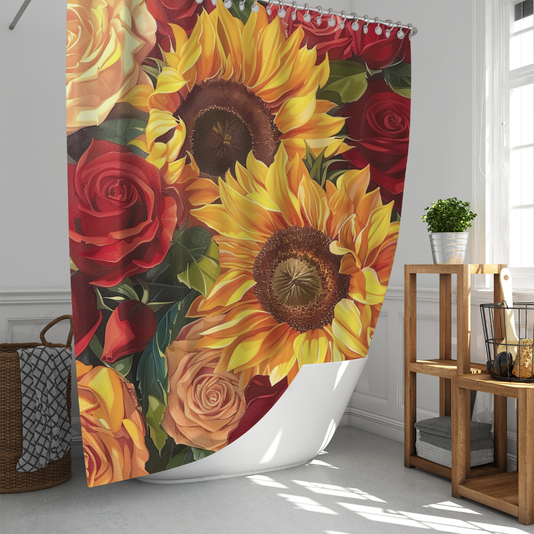 In a brightly lit bathroom, the Romantic Sunflower Red Roses Shower Curtain by Cotton Cat hangs gracefully, adding a touch of romantic-themed decor with its vibrant display of sunflowers and red roses.