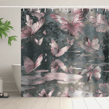 A Watercolor Colorful Monarch Butterfly Flower Garden Shower Curtain-Cottoncat, by Cotton Cat, featuring an illustration of pink butterflies above a reflective water surface with plants in the background.