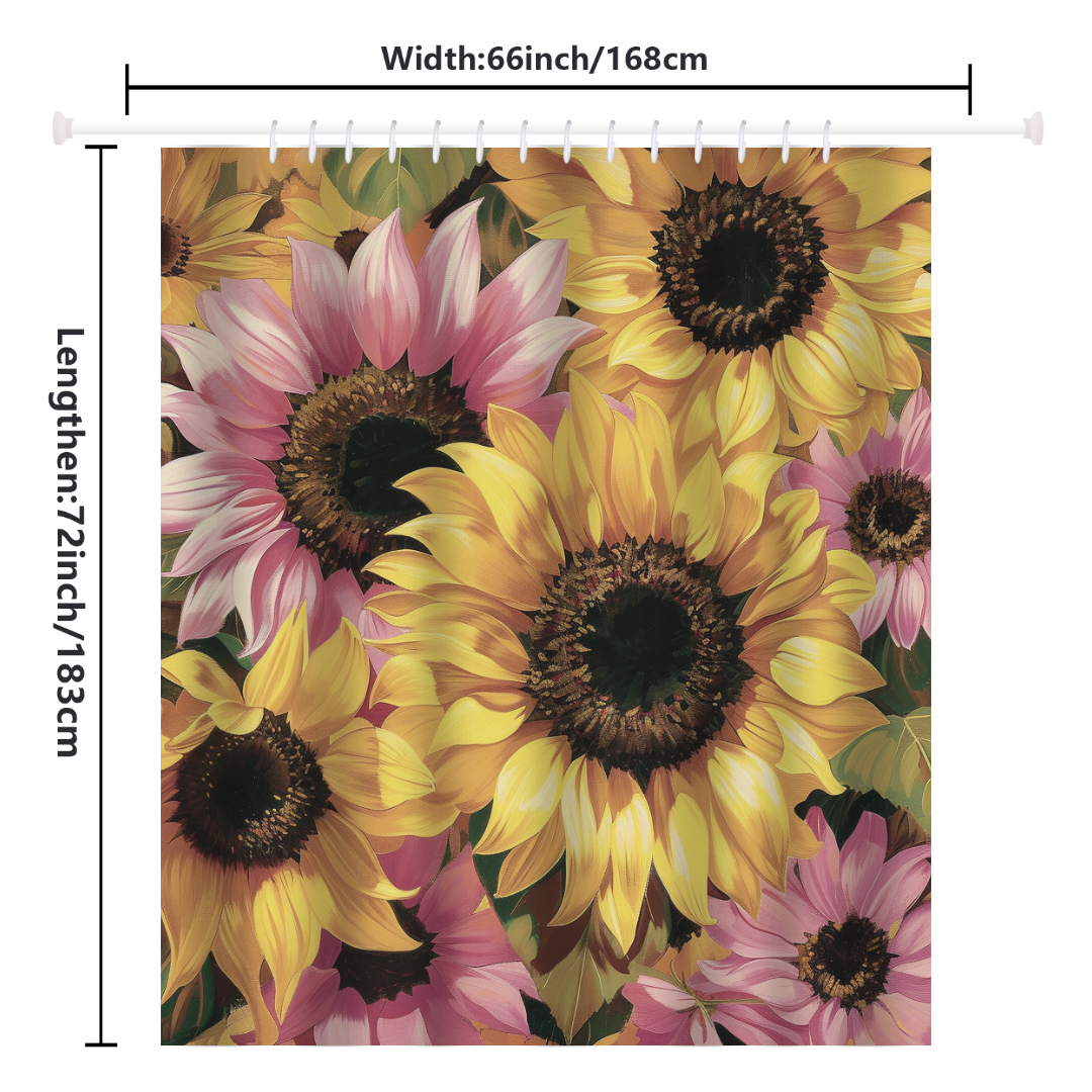 The Rustic Pink Sunflower Shower Curtain-Cottoncat by Cotton Cat showcases a delightful blend of yellow and pink sunflowers. Measuring 66 inches (168 cm) in width and 72 inches (183 cm) in length, this farmhouse decor piece brings a charming touch to any bathroom.