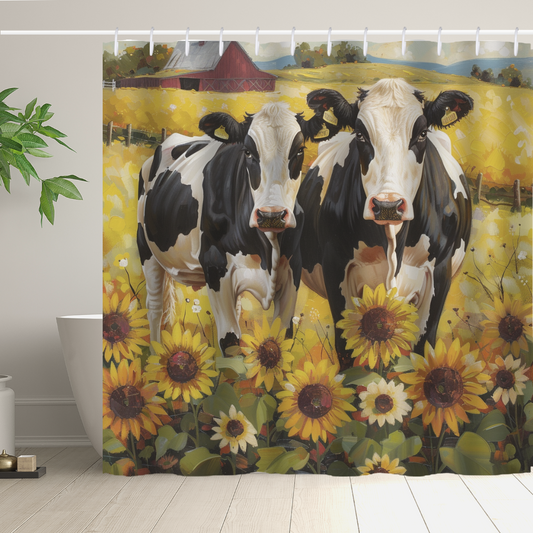 Introducing the Cotton Cat Farmhouse Black White Cow Sunflower Shower Curtain, showcasing a vibrant scene of two black and white cows in a sunflower field, with a red barn and scenic yellow countryside in the background.