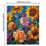 The Colorful Purple Floral Sunflower Shower Curtain Blue Sky-Cottoncat from Cotton Cat features a vibrant design of sunflowers, roses, and other colorful flowers that create a refreshing atmosphere in your bathroom. Its dimensions are 60 inches (152 cm) in width and 72 inches (183 cm) in length.