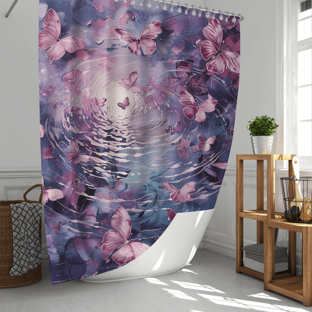 A bathroom with a white tub and a colorful, water-resistant fabric shower curtain from Cotton Cat, featuring their Pink Butterfly Flying over Water design with pink butterflies and ripples on a purple and blue background. This charming piece of decor is complemented by a nearby storage rack and basket.