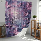 A bathroom with a white tub and a colorful, water-resistant fabric shower curtain from Cotton Cat, featuring their Pink Butterfly Flying over Water design with pink butterflies and ripples on a purple and blue background. This charming piece of decor is complemented by a nearby storage rack and basket.