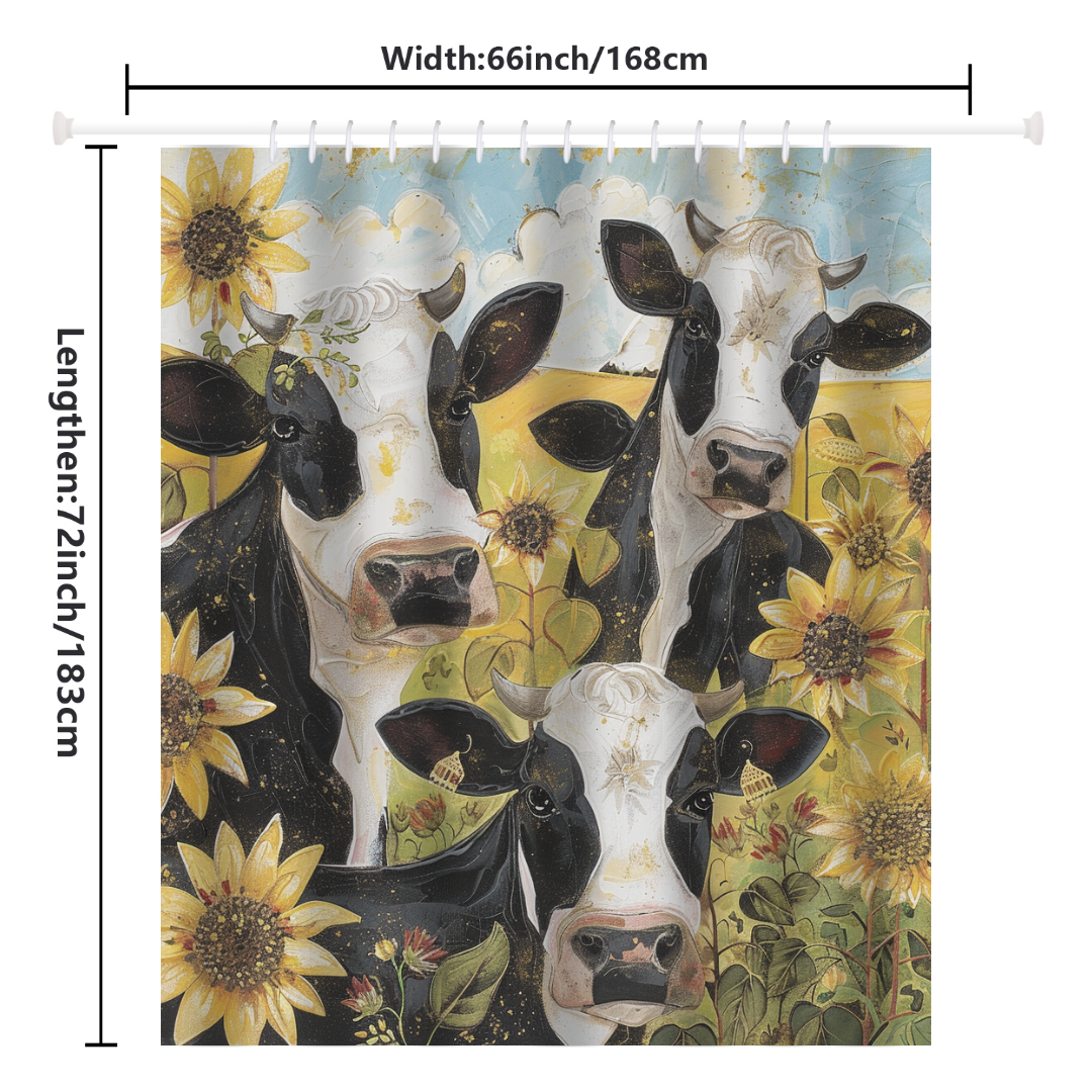 Introduce a touch of rustic cheerful charm to your bathroom with the Cotton Cat Rustic Cheerful Painting Cow Sunflower Shower Curtain. This delightful shower curtain, measuring 66 inches (168 cm) in width and 72 inches (183 cm) in length, features three black and white cows amid vibrant sunflowers.