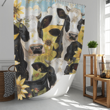 Rustic Cheerful Painting Cow Sunflower Shower Curtain-Cottoncat from Cotton Cat: Featuring a vibrant illustration of three joyful cow designs amongst sunflowers, this shower curtain brings charm and color to any brightly lit white bathroom. A wooden shelf with a potted plant serves as the perfect backdrop. Made of durable polyester, this curtain is both charming and functional.