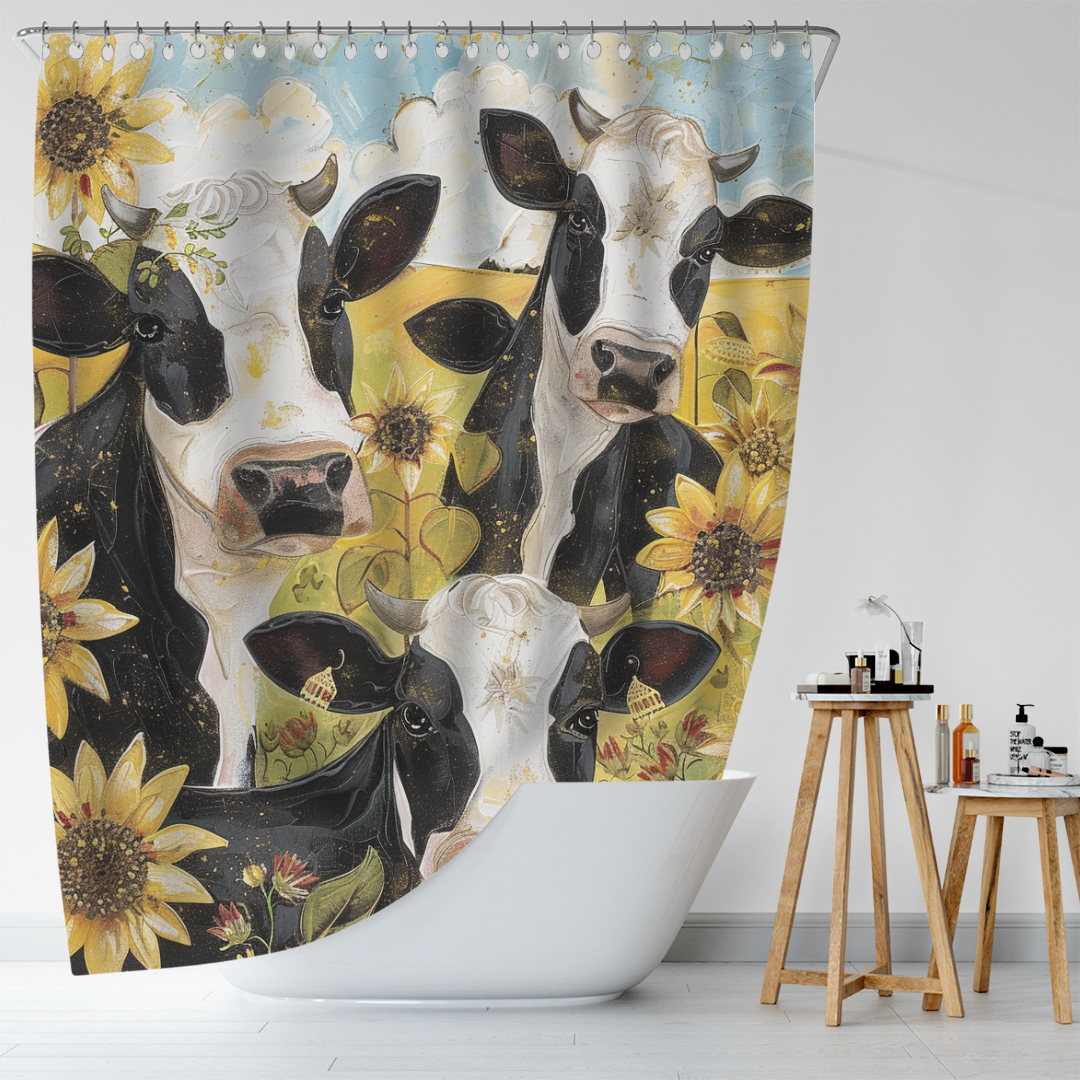 A bathroom with a white bathtub features a Rustic Cheerful Painting Cow Sunflower Shower Curtain by Cotton Cat, showcasing illustrated cows and sunflowers in a pastoral setting. A wooden stool holding bath items sits next to the tub.