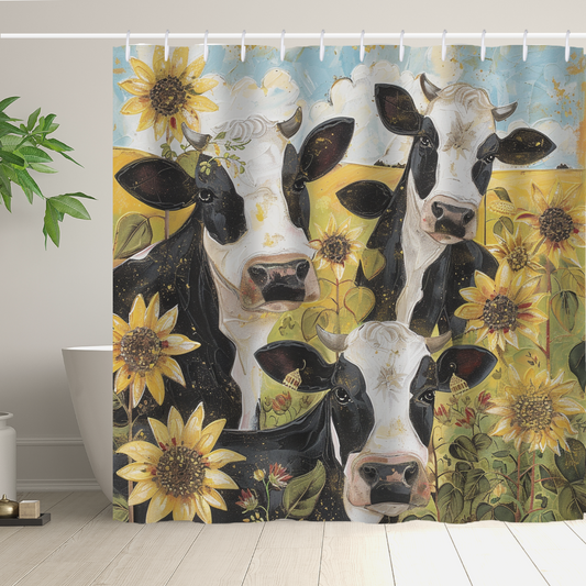 Elevate your bathroom decor with the "Rustic Cheerful Painting Cow Sunflower Shower Curtain" by Cotton Cat. This vibrant polyester curtain showcases joyful cow designs and large sunflowers set against a bright, colorful background complete with clouds and greenery. Perfect for those who love rustic cheerful paintings, it adds a touch of charm to any bathroom.
