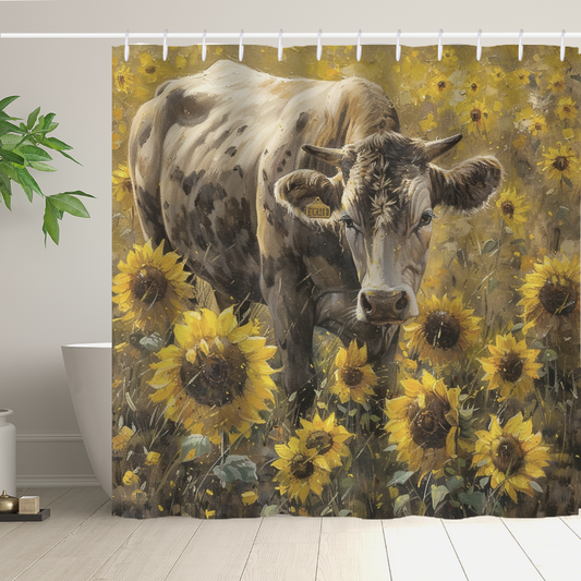 The Cotton Cat Rustic Cow Yellow Sunflower Shower Curtain-Cottoncat adds charm to this farmhouse decor bathroom with its delightful illustration of a cow standing among sunflowers, complemented by a plant on the left side.