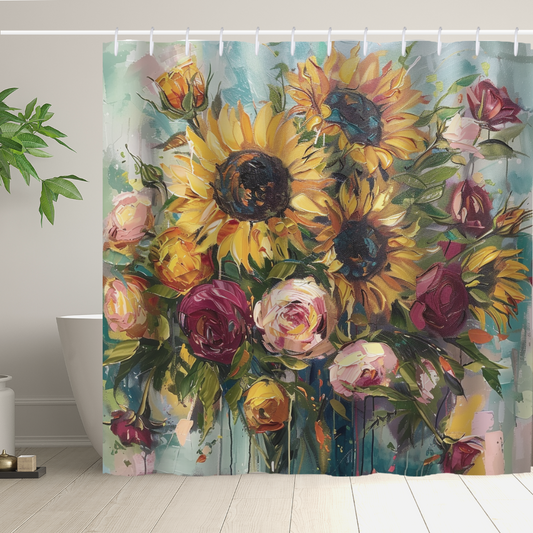 A bathroom featuring the Cotton Cat Watercolor Painting Sunflower and Roses Shower Curtain, showcasing a vibrant, abstract design. In the background, a bathtub and a potted plant enhance the delightful bathroom decor.