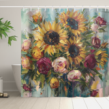 A bathroom featuring the Cotton Cat Watercolor Painting Sunflower and Roses Shower Curtain, showcasing a vibrant, abstract design. In the background, a bathtub and a potted plant enhance the delightful bathroom decor.