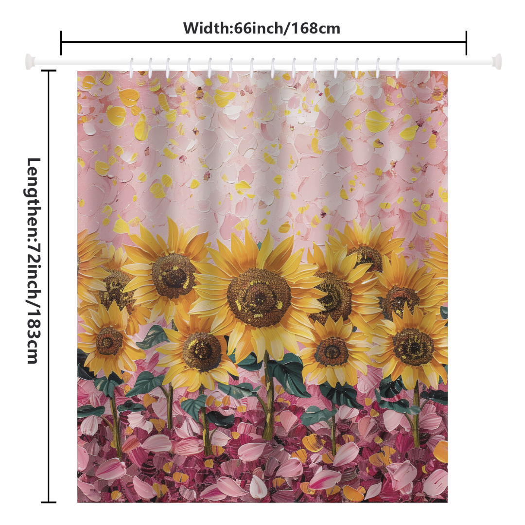 The Cotton Cat Vintage Pink Watercolor Sunflower Shower Curtain with Artistic Paint showcases yellow sunflowers on a pink backdrop adorned with scattered petal patterns, perfectly capturing a vintage aesthetic. With dimensions of 66 inches in width and 72 inches in length, it adds an artistic touch to your bathroom décor.