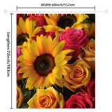 The Cotton Cat Rustic 3D Sunflower Roses Shower Curtain, measuring 60 inches wide by 72 inches long, features a vibrant design of a large sunflower surrounded by yellow and red roses. Crafted with high-quality polyester, this stunning piece beautifully captures the essence of farmhouse-themed rustic charm.