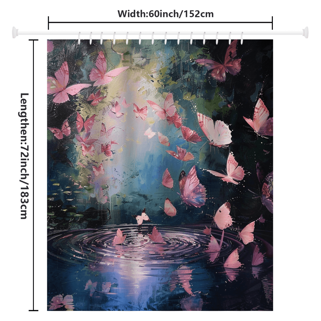 Enhance your bathroom decor with the Pink Butterfly Flying over Purple Water Shower Curtain by Cotton Cat. This elegant shower curtain showcases an artistic design of pink butterflies fluttering above a dark, mystical background adorned with water ripple effects. Measuring 60 inches (152 cm) wide by 72 inches (183 cm) high, it is made from water-resistant fabric to ensure both style and functionality.