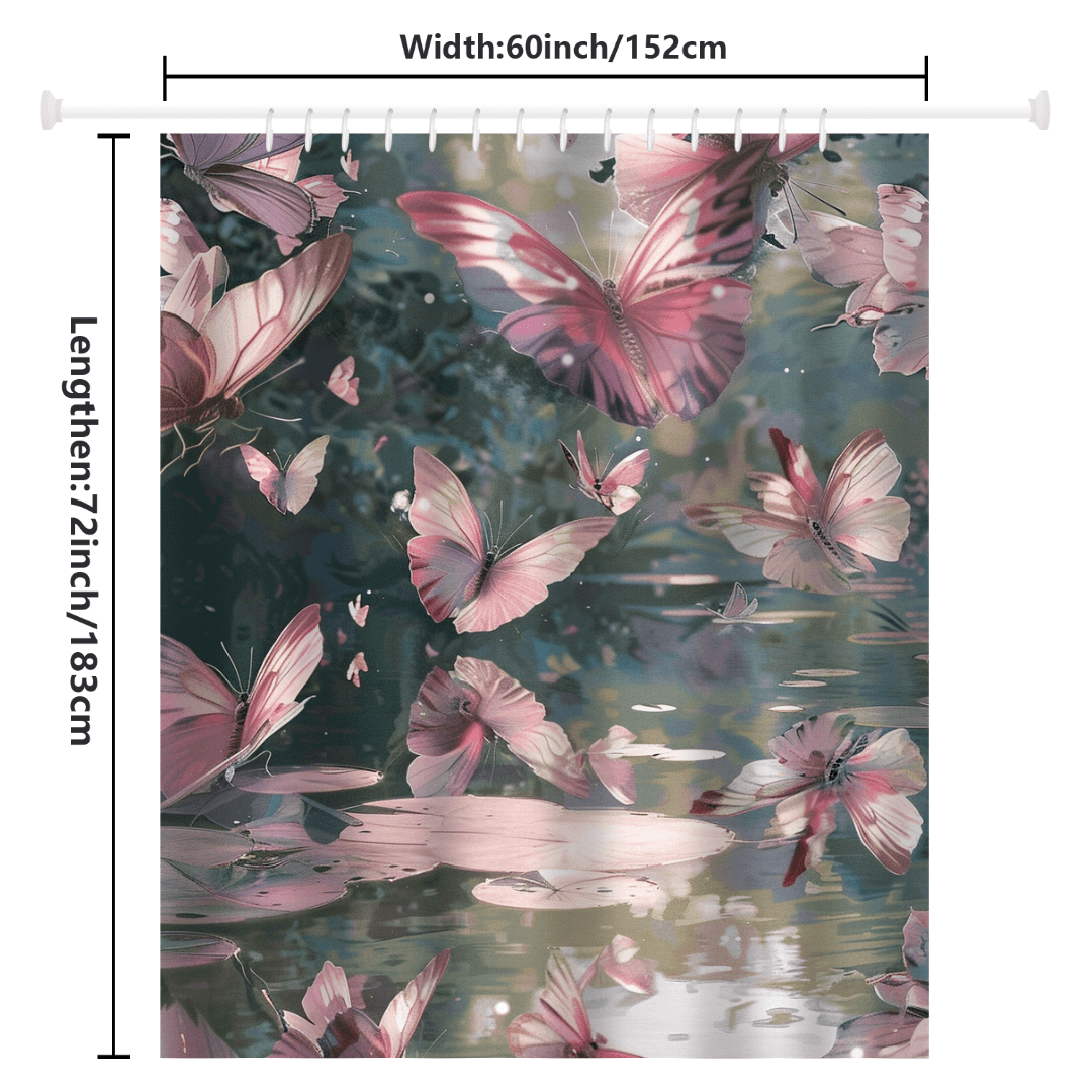 The "Watercolor Colorful Monarch Butterfly Flower Garden Shower Curtain" from Cotton Cat showcases a stunning watercolor design of pink butterflies over water with foliage in the background. Its dimensions are 60 inches (152 cm) in width and 72 inches (183 cm) in length.